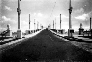 The Bridge of Lions in the late 1920s, note the cables and rails for streetcars; Courtesy of State Archives of Florida, Florida Memory