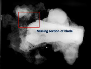 Missing section of axe blade