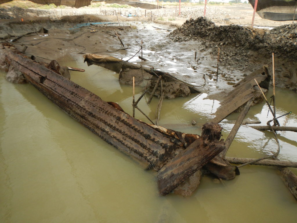 The remains of the 9th century Arab style, sewn vessel  found in the Samut Sakhon province in Thailand. Lighthouse conservator Starr Cox was called in to consult on the preservation and conservation of the vessel this past March. 