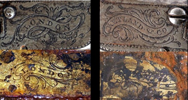 Top shows examples of engravings done on a Ketland & Co. manufactured pistol of the same style as ours. The bottom shows what we have uncovered on our pistol so far. 