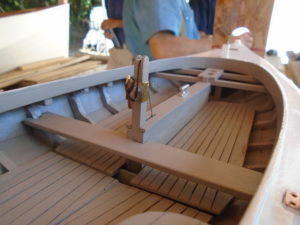 Ralph paid great attention to detail during the construction of the model. This delicate line attaches to a centerboard, which actually drops down beneath the keel of the model, just like the full scale centerboard will when complete.