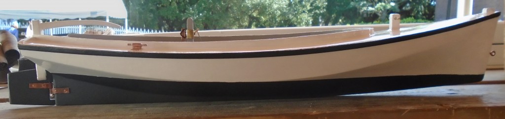 A view of the starboard side of the skipjack hull model.
