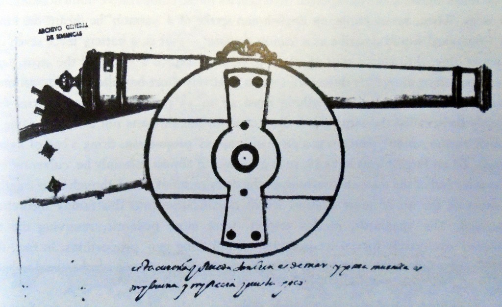 A contemporary late 16th century illustration showing a cast bronze cannon on a field carriage which are documented in the list of ancillary artillery equipment in Spanish documents.