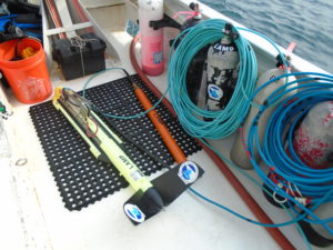 Here we see two thirds of LAMP's remote sensing suite: the side scan sonar (left) and the marine magnetometer (right)