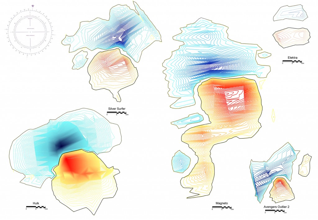 These magnetic contours represent the five targets chosen for further investigation during the 450th Survey project. Note how each of them have both a positive (red) and negative (blue) pole, which is one of the criteria archaeologists look for when analyzing magnetic data for potential shipwreck sites.